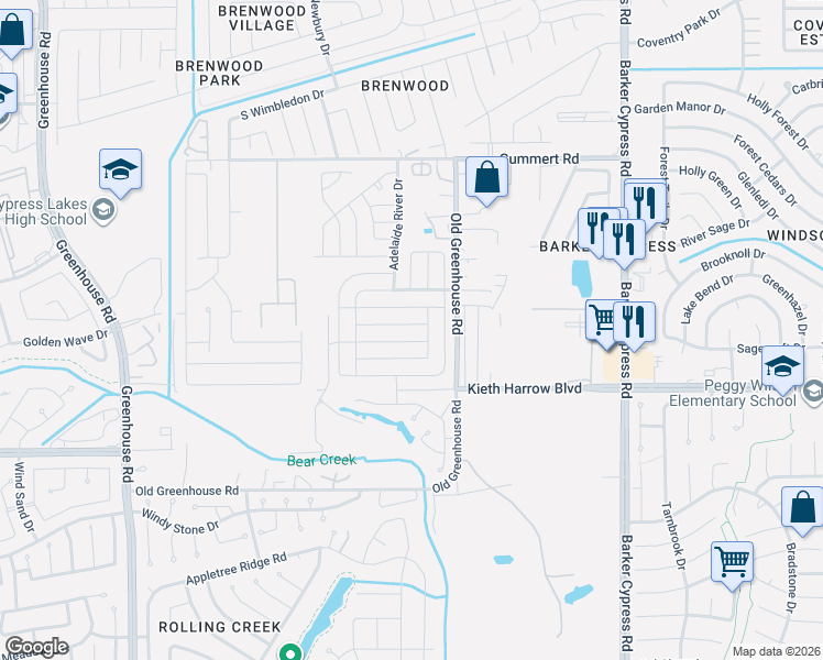 map of restaurants, bars, coffee shops, grocery stores, and more near 18503 Medway River Trail in Katy