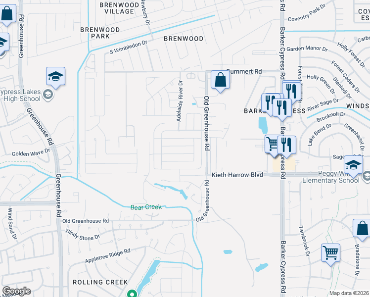 map of restaurants, bars, coffee shops, grocery stores, and more near 18503 Medway River Trail in Katy