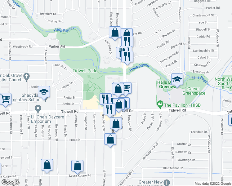 map of restaurants, bars, coffee shops, grocery stores, and more near 9500 Homestead Road in Houston