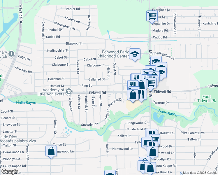 map of restaurants, bars, coffee shops, grocery stores, and more near 8510 Tidwell Road in Houston