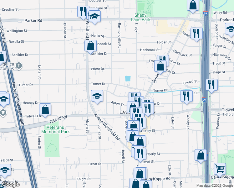 map of restaurants, bars, coffee shops, grocery stores, and more near 2462 Tim Street in Houston