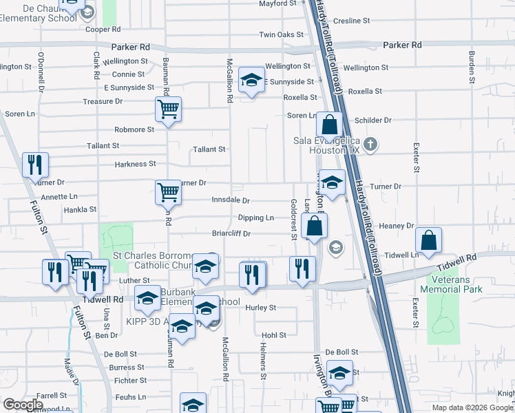 map of restaurants, bars, coffee shops, grocery stores, and more near 707 Dipping Lane in Houston
