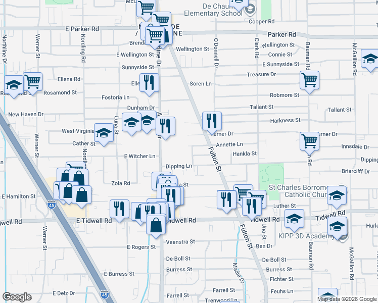 map of restaurants, bars, coffee shops, grocery stores, and more near 9909 Santone Lane in Houston