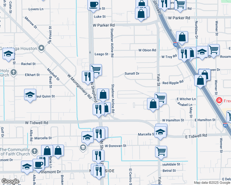 map of restaurants, bars, coffee shops, grocery stores, and more near 5754 Stuebner Airline Road in Houston