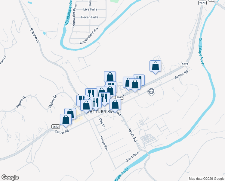 map of restaurants, bars, coffee shops, grocery stores, and more near 1478 Farm to Market Road 2673 in Canyon Lake