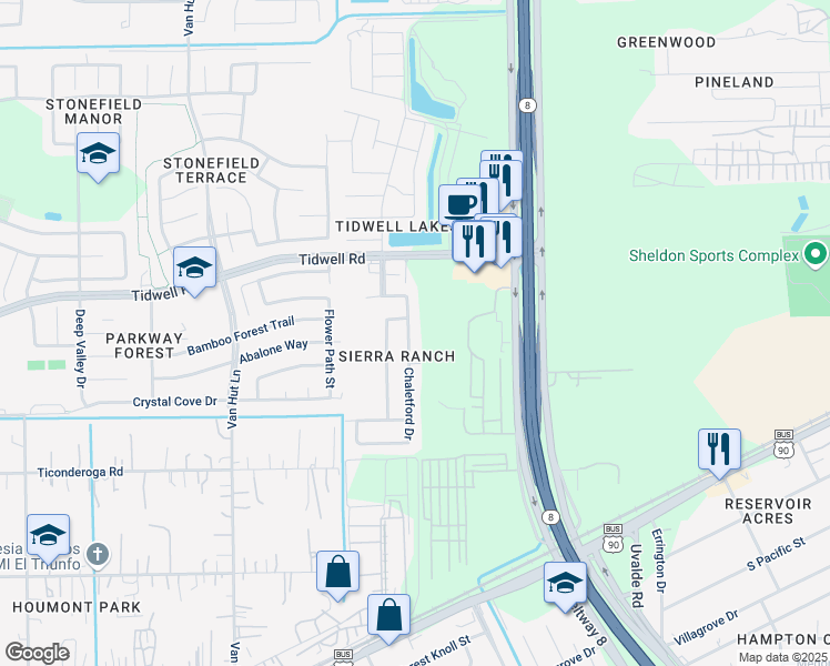 map of restaurants, bars, coffee shops, grocery stores, and more near 8630 Chaletford Drive in Houston