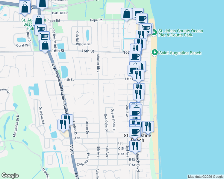 map of restaurants, bars, coffee shops, grocery stores, and more near 183 Ridgeway Road in St. Augustine