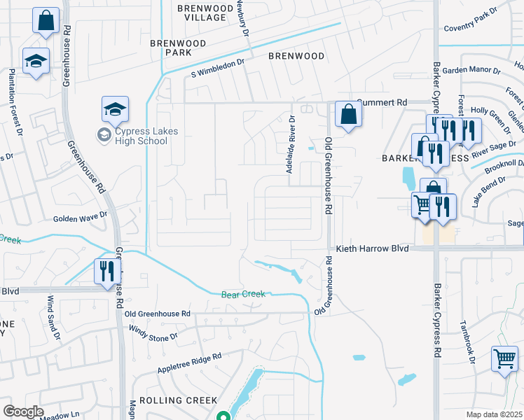 map of restaurants, bars, coffee shops, grocery stores, and more near 5407 Tobins Gully Drive in Katy