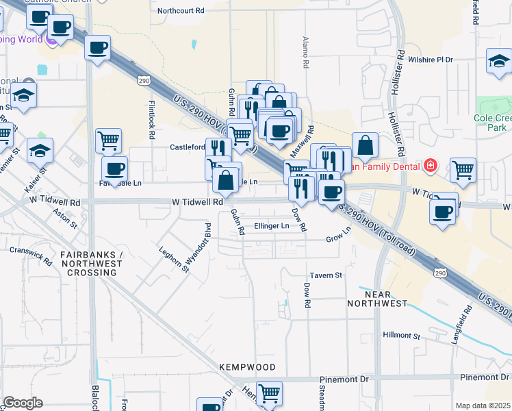 map of restaurants, bars, coffee shops, grocery stores, and more near 8001 West Tidwell Road in Houston