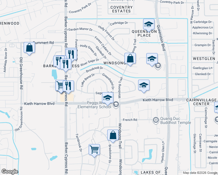 map of restaurants, bars, coffee shops, grocery stores, and more near 5303 Hazel Grove Drive in Houston
