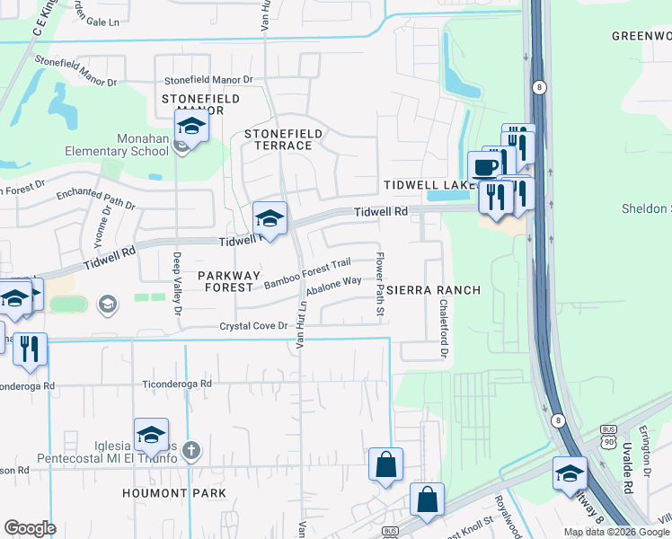 map of restaurants, bars, coffee shops, grocery stores, and more near 13038 Bamboo Forest Trail in Houston