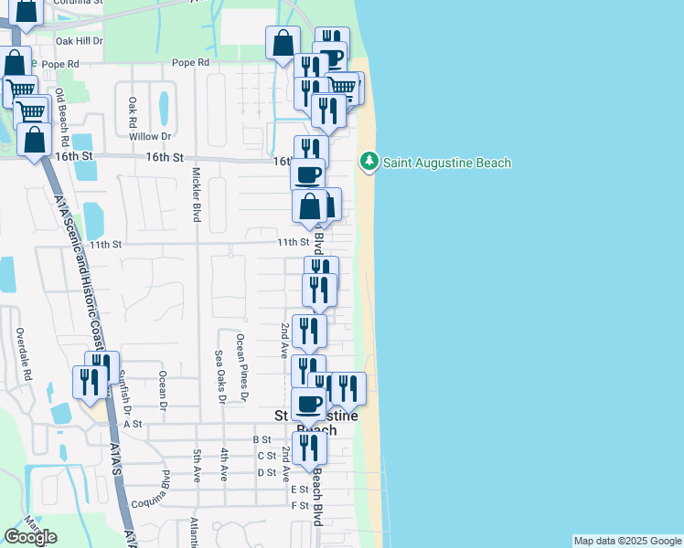 map of restaurants, bars, coffee shops, grocery stores, and more near 1 8th Street in St. Augustine