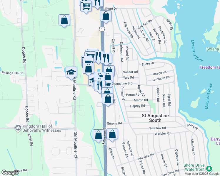 map of restaurants, bars, coffee shops, grocery stores, and more near 2550 Dixie Highway in St. Augustine
