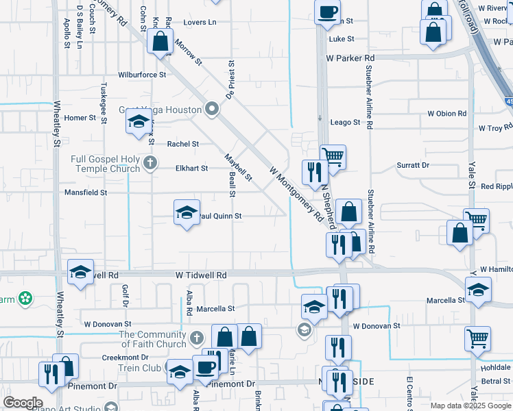 map of restaurants, bars, coffee shops, grocery stores, and more near 767 Paul Quinn Street in Houston