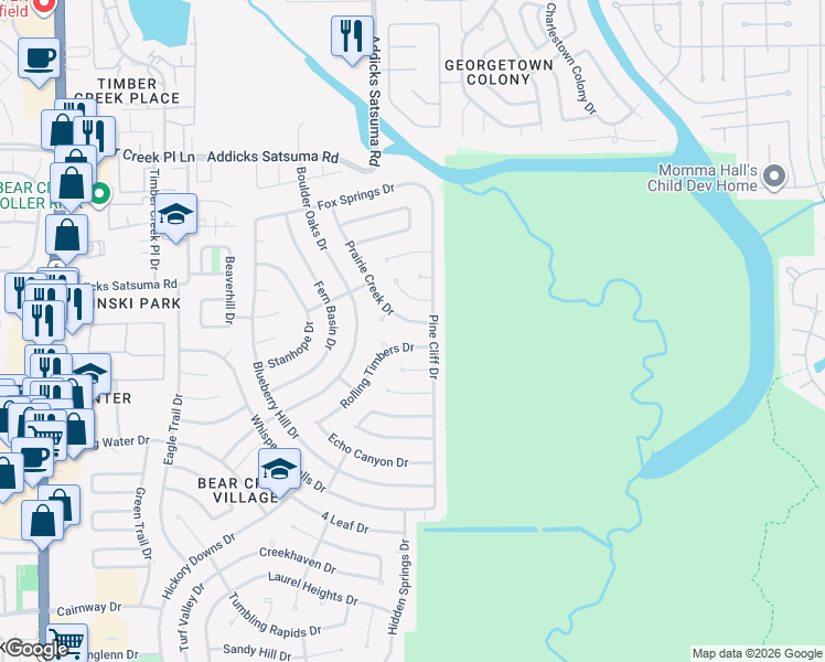 map of restaurants, bars, coffee shops, grocery stores, and more near 15607 Rolling Timbers Drive in Houston