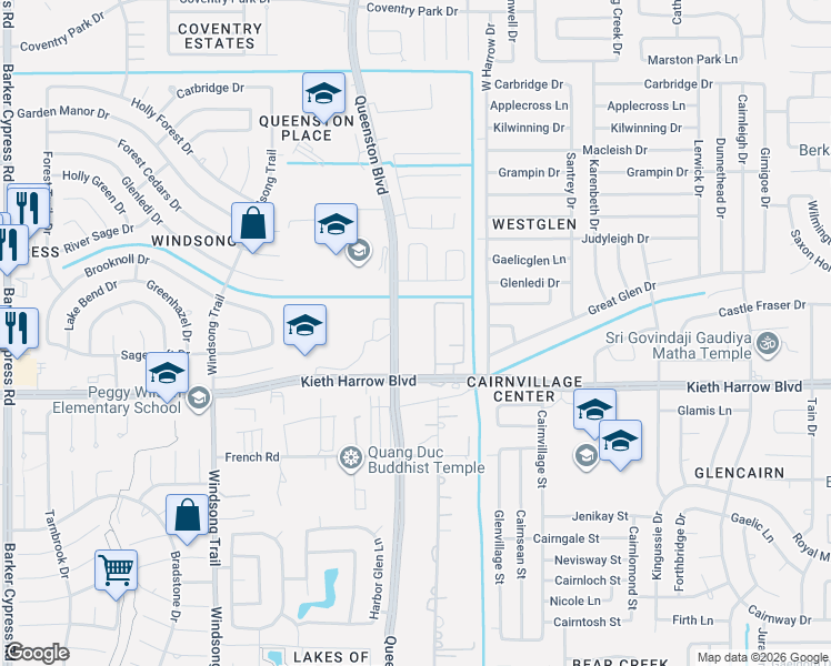 map of restaurants, bars, coffee shops, grocery stores, and more near 17560 Kieth Harrow Boulevard in Houston