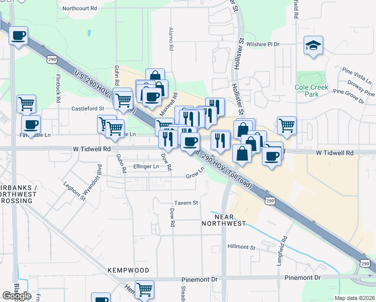 map of restaurants, bars, coffee shops, grocery stores, and more near 5019 Northwest Freeway in Houston