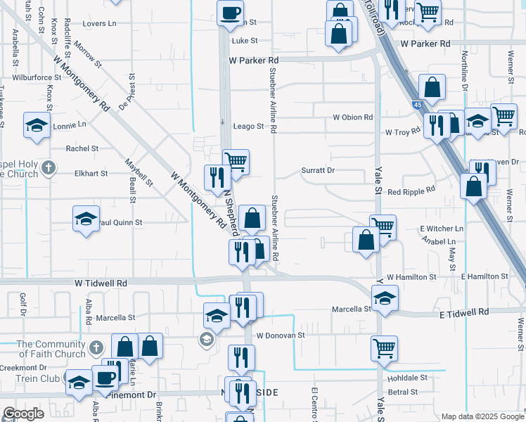 map of restaurants, bars, coffee shops, grocery stores, and more near 5850 Texas 261 Spur in Houston