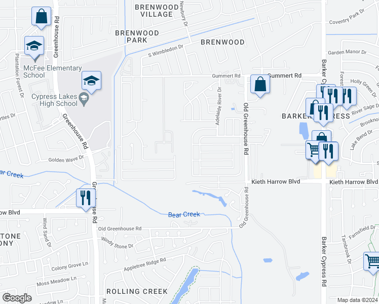 map of restaurants, bars, coffee shops, grocery stores, and more near 5419 Tobins Gully Drive in Katy