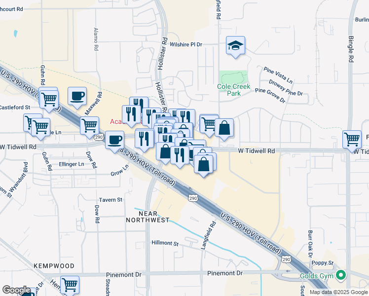 map of restaurants, bars, coffee shops, grocery stores, and more near 7524 West Tidwell Road in Houston