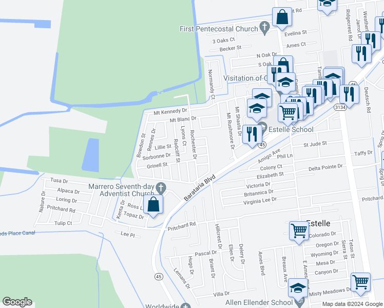 map of restaurants, bars, coffee shops, grocery stores, and more near 5040 Rochester Drive in Marrero