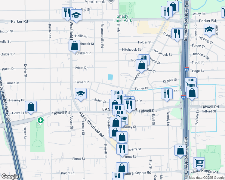 map of restaurants, bars, coffee shops, grocery stores, and more near 2617 Turner Drive in Houston