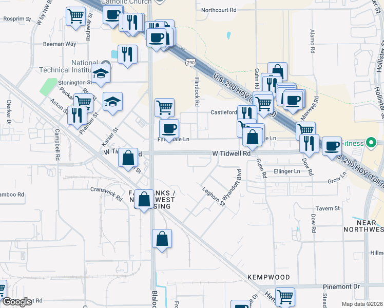 map of restaurants, bars, coffee shops, grocery stores, and more near 8433 Fawndale Lane in Houston