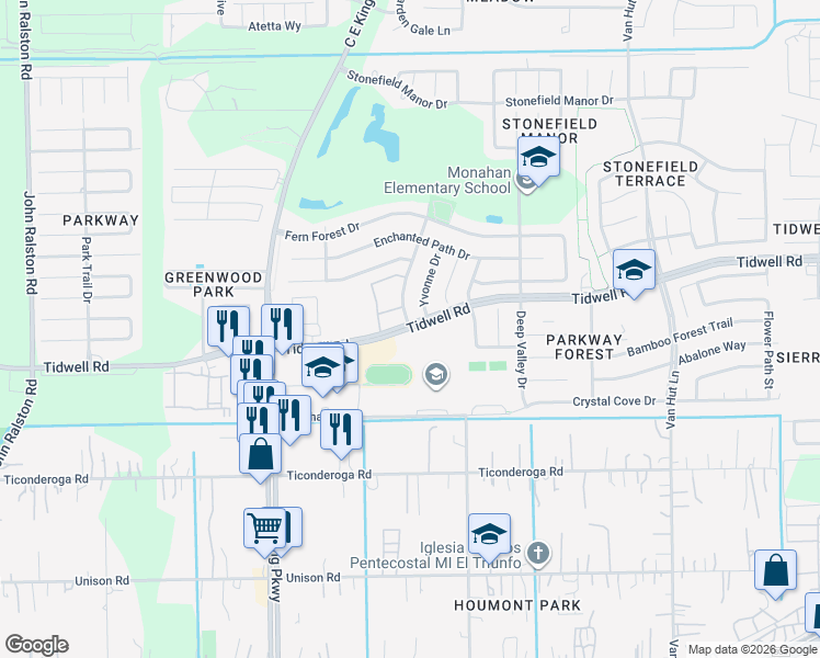 map of restaurants, bars, coffee shops, grocery stores, and more near 12653 Tidwell Road in Houston