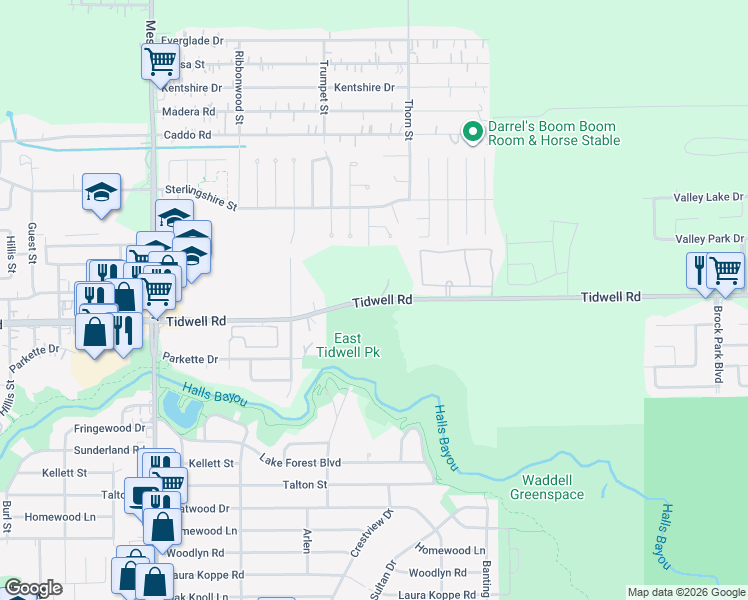 map of restaurants, bars, coffee shops, grocery stores, and more near 9339 Tidwell Road in Houston