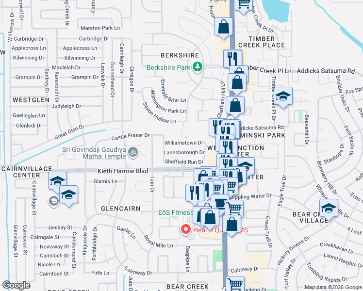 map of restaurants, bars, coffee shops, grocery stores, and more near 16438 Williamstown Drive in Houston
