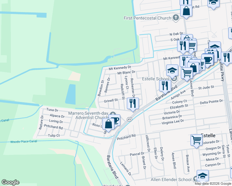 map of restaurants, bars, coffee shops, grocery stores, and more near 3044 Sorbonne Drive in Marrero