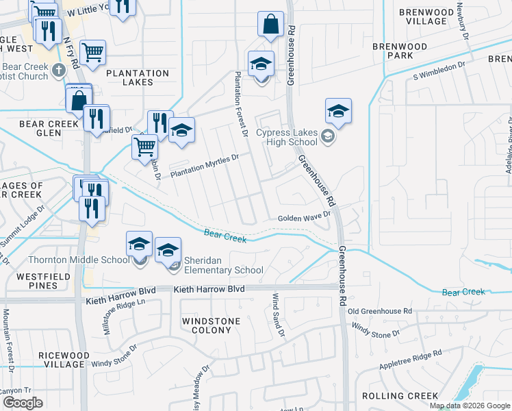 map of restaurants, bars, coffee shops, grocery stores, and more near 5462 Plantation Forest Drive in Katy
