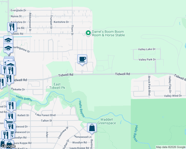 map of restaurants, bars, coffee shops, grocery stores, and more near 9587 Tidwell Road in Houston