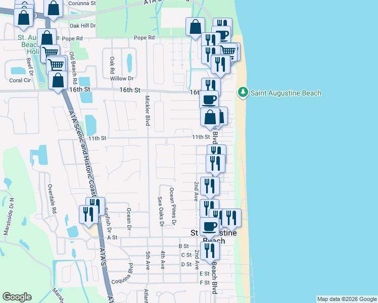 map of restaurants, bars, coffee shops, grocery stores, and more near 214 10th Street in St. Augustine