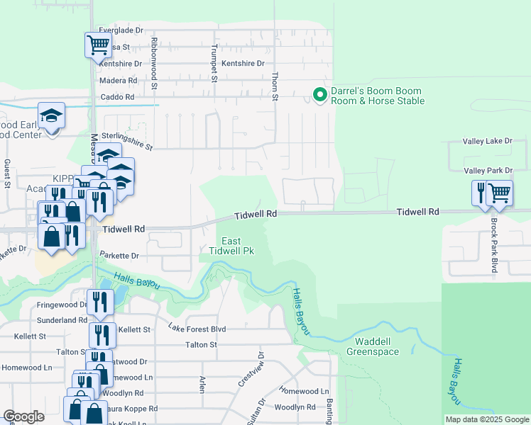 map of restaurants, bars, coffee shops, grocery stores, and more near 9383 Tidwell Road in Houston