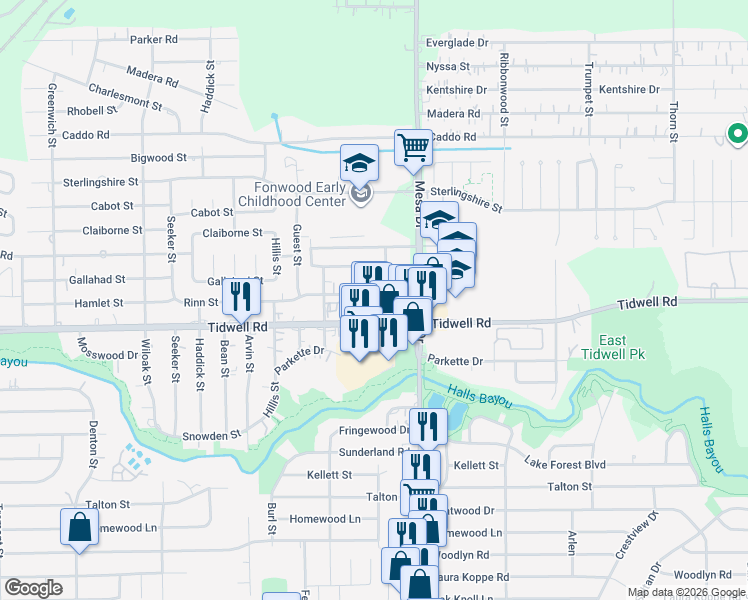 map of restaurants, bars, coffee shops, grocery stores, and more near 8637 Rinn Street in Houston