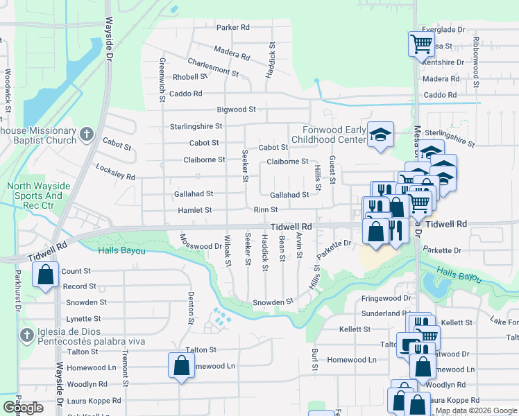 map of restaurants, bars, coffee shops, grocery stores, and more near 9610 Seeker Street in Houston
