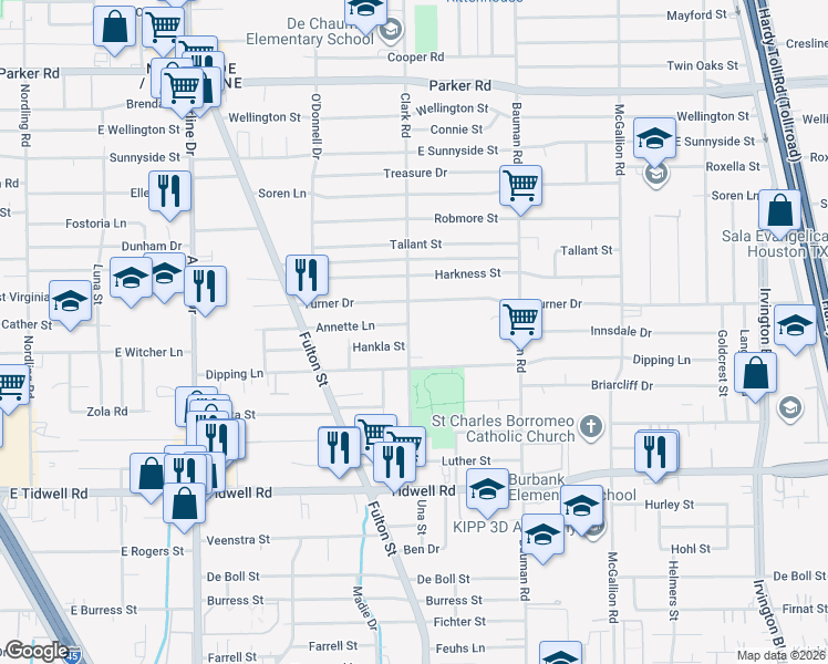 map of restaurants, bars, coffee shops, grocery stores, and more near 200 Turner Drive in Houston