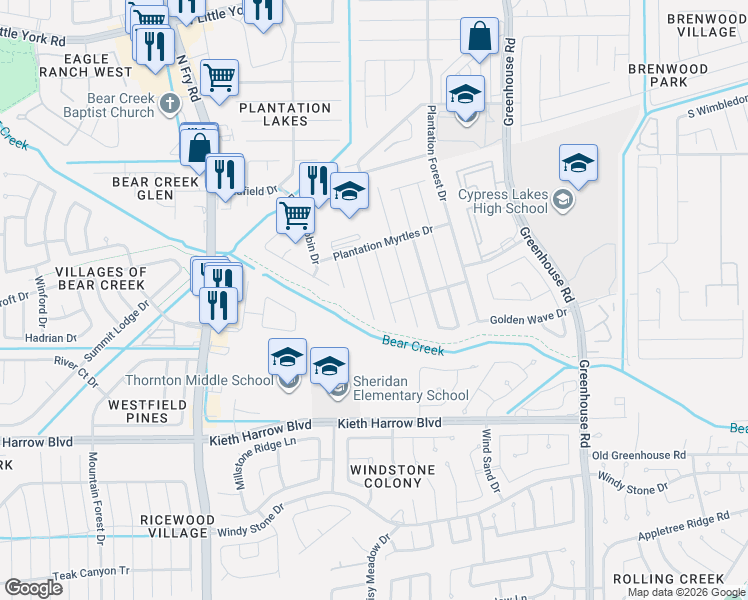 map of restaurants, bars, coffee shops, grocery stores, and more near 5518 Casa Batillo Drive in Katy