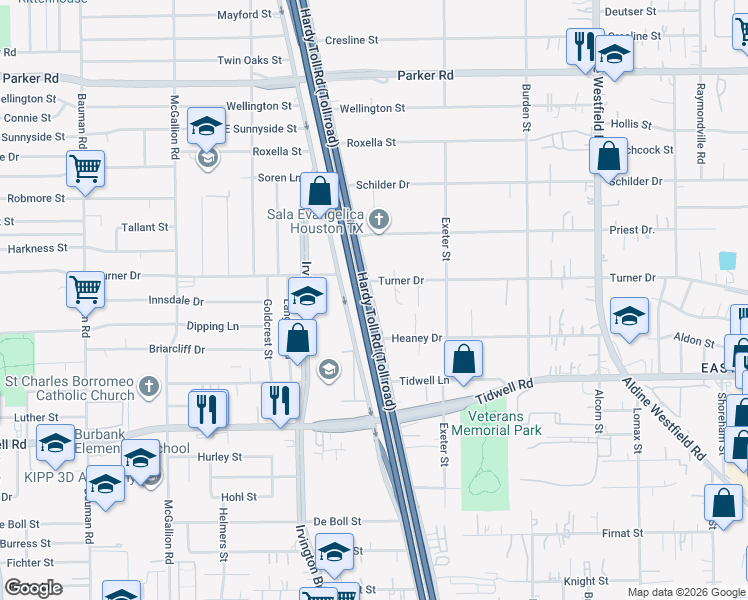 map of restaurants, bars, coffee shops, grocery stores, and more near 9650 East Hardy Road in Houston