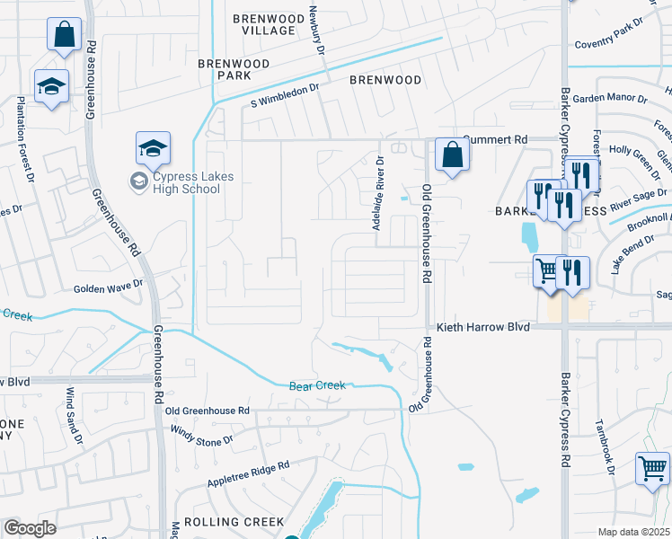 map of restaurants, bars, coffee shops, grocery stores, and more near 5434 Tobins Gully Drive in Katy