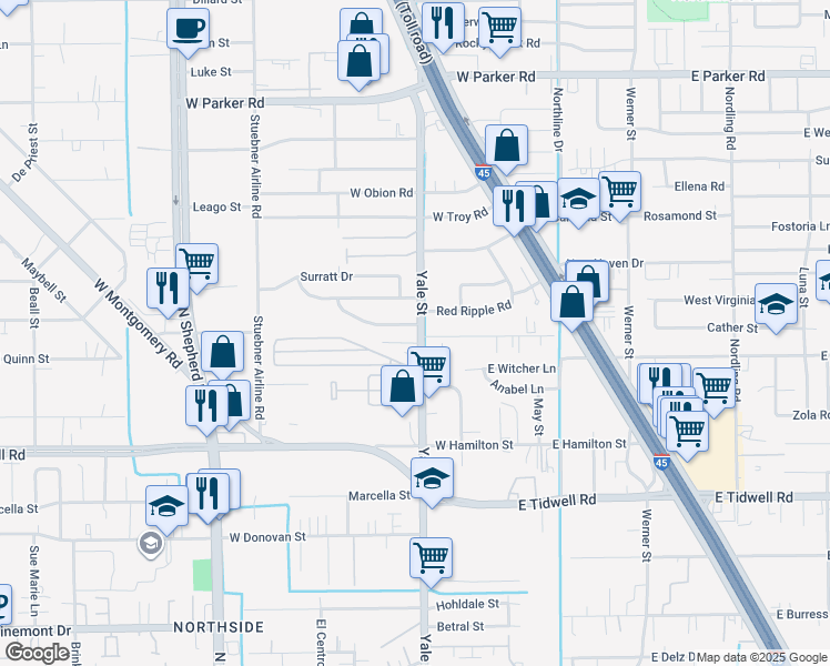 map of restaurants, bars, coffee shops, grocery stores, and more near in Houston