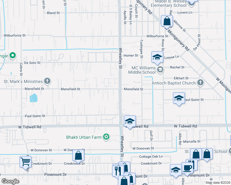 map of restaurants, bars, coffee shops, grocery stores, and more near 1110 Mansfield Street in Houston