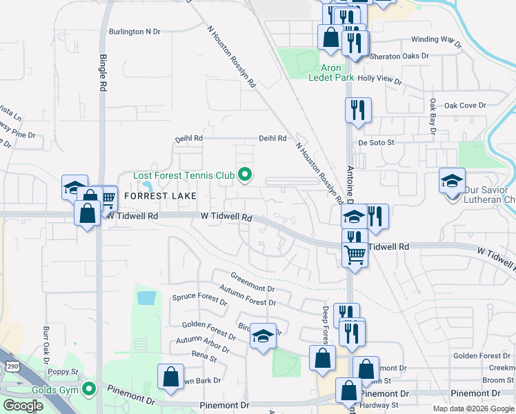 map of restaurants, bars, coffee shops, grocery stores, and more near 6150 West Tidwell Road in Houston