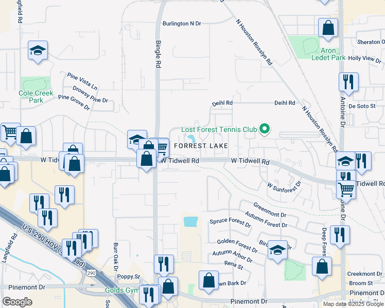 map of restaurants, bars, coffee shops, grocery stores, and more near 122 Lumberdale Road in Houston