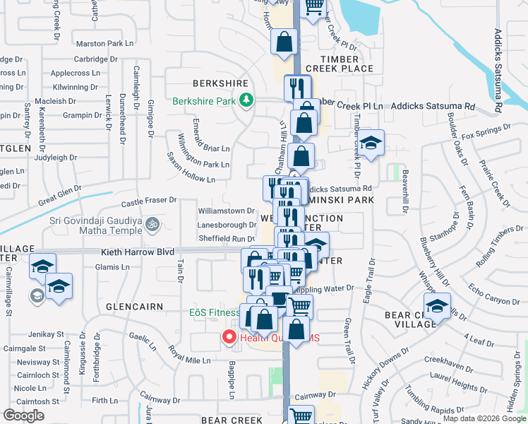 map of restaurants, bars, coffee shops, grocery stores, and more near 16406 Williamstown Drive in Houston