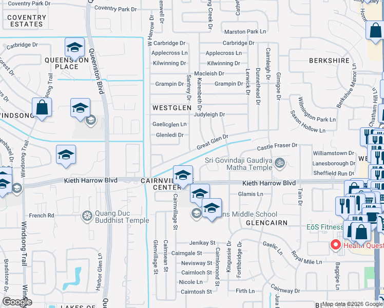 map of restaurants, bars, coffee shops, grocery stores, and more near 5100 Santrey Drive in Houston