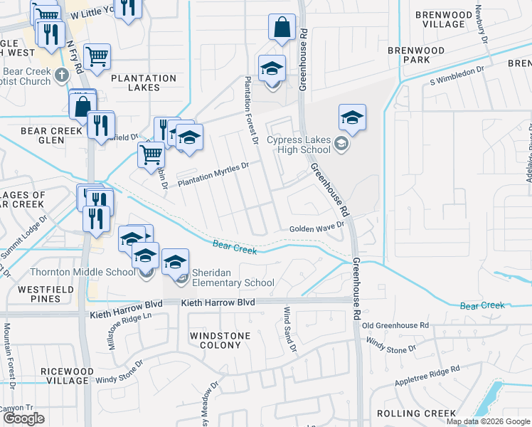 map of restaurants, bars, coffee shops, grocery stores, and more near 5462 Plantation Forest Drive in Katy