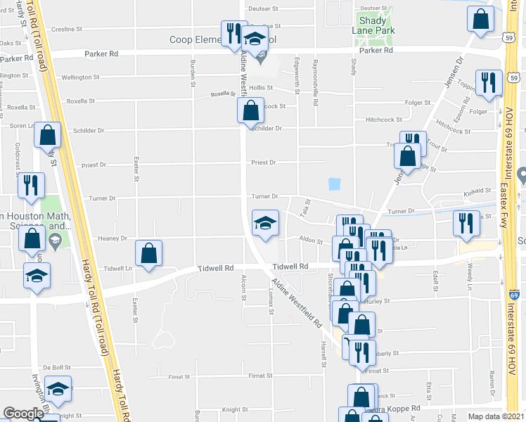 map of restaurants, bars, coffee shops, grocery stores, and more near 9600 Aldine Westfield Road in Houston