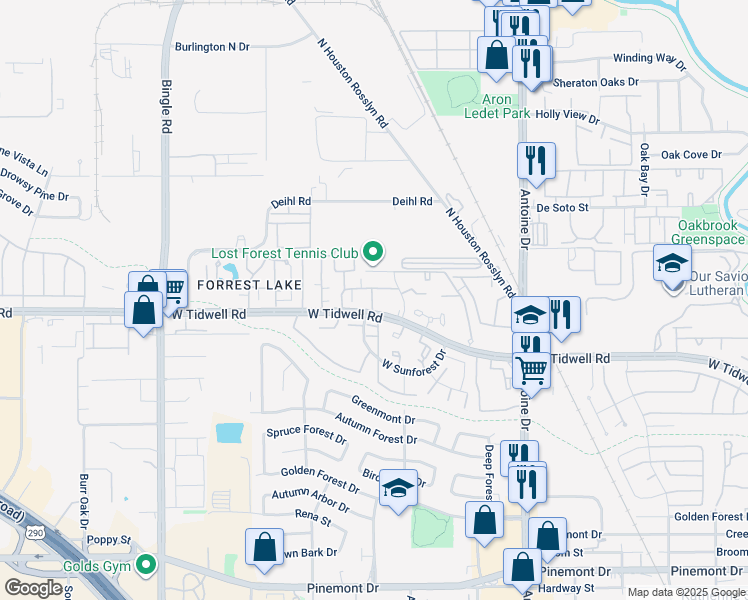 map of restaurants, bars, coffee shops, grocery stores, and more near 6150 West Tidwell Road in Houston